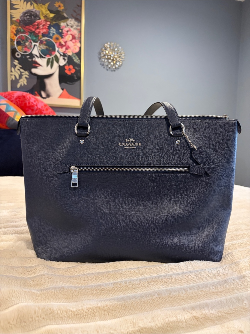 Coach Navy Blue Leather Tote with Front Zip Pocket
